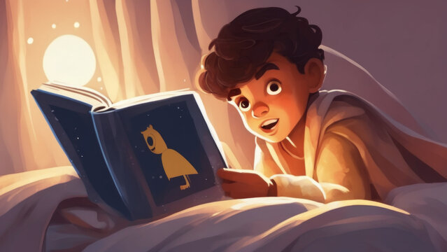 a little boy with a flashlight reading a storybook under a blanket in his bed.