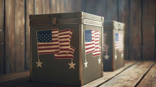 sophisticated photograph of elegant banners displaying the Election ballot box intertwined with the American flag motif, symbolizing the union of democracy and national identity.