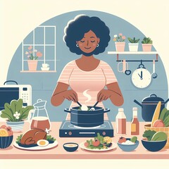 A woman in a kitchen cooking food with a pot of vegetables
