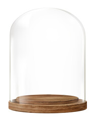 Glass cloche png sticker, product backdrop with wooden base on transparent background
