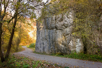 Autumn landscape with rock and road in an autumn forest