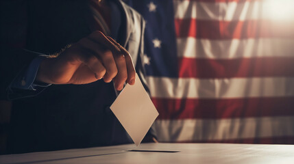 solemnity of voting, with a man's hand seen inserting a ballot into a polling box, against the backdrop of the United States flag, symbolizing the fundamental rights and responsibi