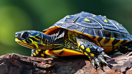 Obraz premium A red-eared turtle climbed out of the water onto the rocks to warm up in the sun.
