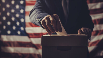 moment of voting with a close-up shot of a man placing his ballot into a polling box, against the backdrop of the United States flag, illustrating the connection between individual - obrazy, fototapety, plakaty