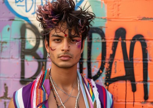 A confident young man with wild hair and vibrant makeup