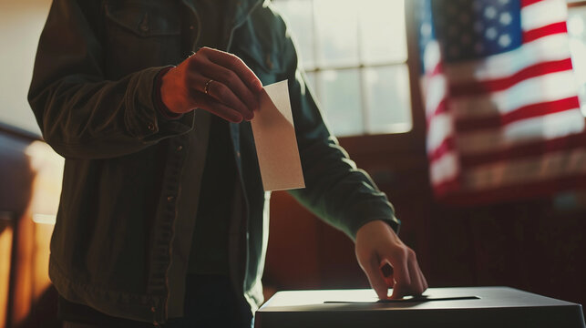 poignant close-up the significance of voting, with a man seen inserting his ballot into a polling box, while the United States flag serves as a backdrop, symbolizing the values of