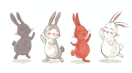 Four doodle Bunnies. Dancing standing fighting running