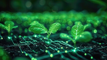 Vibrant Green Sapling with Futuristic Neon Glow and Holographic Networking Technology