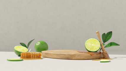 3D background display stand with limes and honeycomb are on logs for product presentation - obrazy, fototapety, plakaty