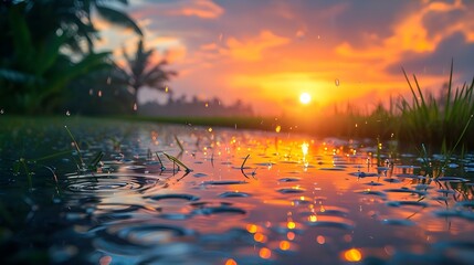 Dewy Sunrise Over Tranquil Waters: Earth Day's Serenade. Concept Nature's Beauty, Peaceful Reflections, Morning Light, Waterfront Serenity, Earth Day Celebration - obrazy, fototapety, plakaty