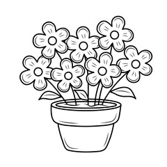 Indoor home plant with flowers in a pot. Line art doodle houseplant. Coloring book for kids.