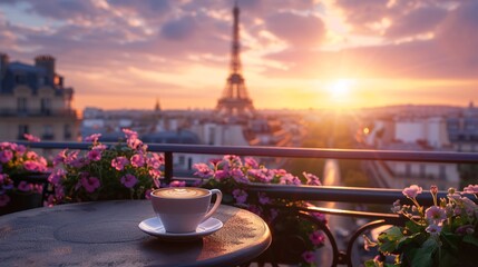 A cup of coffee on the table with an outdoor view in Paris - obrazy, fototapety, plakaty