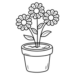 Indoor home plant with flowers in a pot. Line art doodle houseplant. Coloring book for kids.