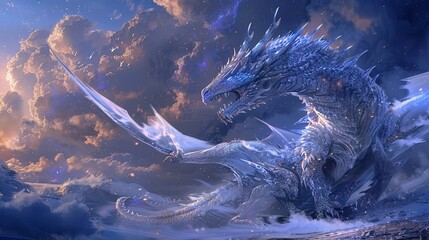 Illustration of a grandiose dragon, with shimmering scales of indigo and silver, dominating the clouded fantasy skies - obrazy, fototapety, plakaty