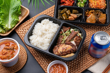 Korean food, Korean beef, beef sashimi,  beef sashimi, raw pork belly, charcoal fire, seasoning, ribs, side dishes, galbitang, rice, kimchi, ssamjang, chili peppers, garlic, radish sprouts, lettuce