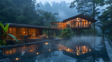 Tranquil Dawn: Mist-Clad Forest with Reflective Pool and Serene Treehouse. Concept Nature Photography, Misty Landscapes, Reflections, Treehouses, Tranquility
