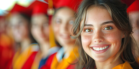 Close portrait of graduate girl beaming with joy and pride. Education and graduation theme.