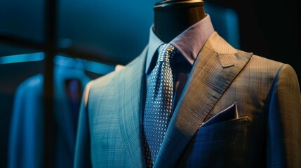 A professional mockup of a business suit, displayed on a mannequin to showcase its fit and fabric. - obrazy, fototapety, plakaty