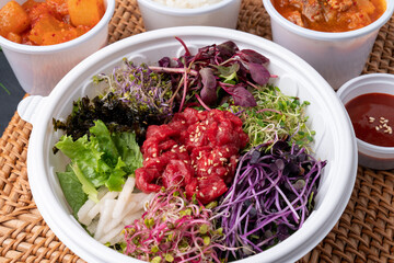 Korean food, Korean beef, beef sashimi,  beef sashimi, raw pork belly, charcoal fire, seasoning, ribs, side dishes, galbitang, rice, kimchi, ssamjang, chili peppers, garlic, radish sprouts, lettuce