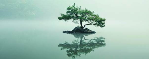 A small tree is reflected in the water
