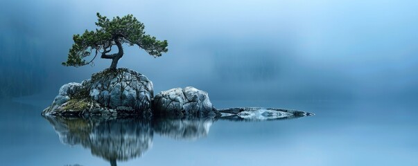 A small tree is growing on a rock in a body of water