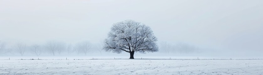Fototapeta na wymiar A lone tree stands in a snow-covered field