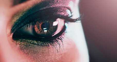 Closeup, person and makeup for eye with lashes, mascara and cosmetology with glamour, beauty and...