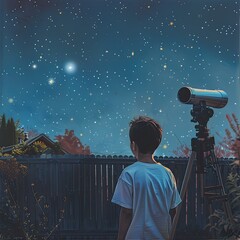 A young boy is looking through a telescope at the stars