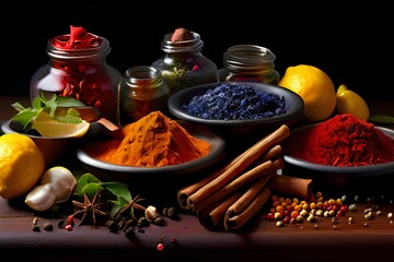 Large banner image of bowls and bottles of orange, green, and red curry powder on a table with natural remedies, homeopathic vitamins, and a healthy diet.


 - obrazy, fototapety, plakaty