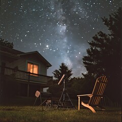 A telescope is set up in a backyard next to a house