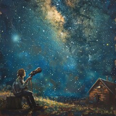 A person is sitting on the ground looking up at the stars
