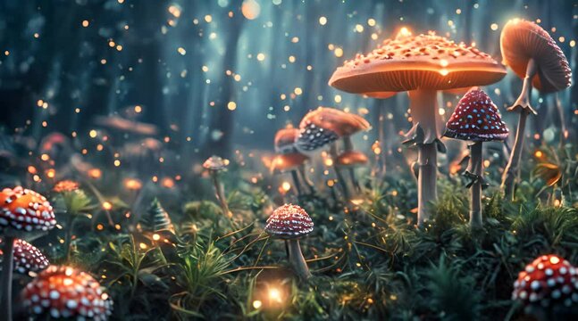 A fantasy forest landscape with glowing mushrooms and twinkling lights