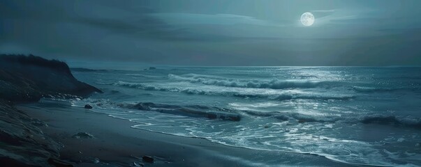 A moonlit ocean with a rocky shoreline