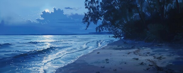 A painting of a beach at night with the moon reflecting on the water