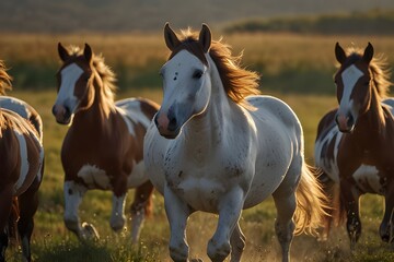 A field is being raced by numerous horses, and one of the horses seems to be biting or nipping the face of another. The heads of the white and brown horses are near to one another.