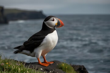 Puffins in Iceland's Western Fjords, above the Latrabjarg cliffs Iceland's green, rocky shoreline, ocean, island, wildlife, flowers, red beaks and claws, grass, sky, mountains, and coastline are all h