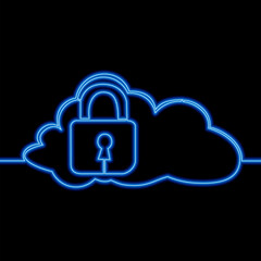 Futuristic Cloud security technology symbol and padlock icon neon glow vector illustration concept