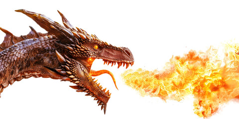 A dragon breathing fire isolated on transparent background.
