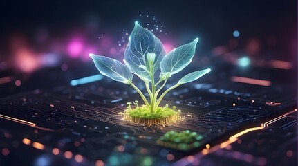 Illustration by generative AI showing a luminous plant growing on a computer chip with a hazy background, symbolizing the digital ecology business.