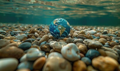 Earth globe resting on a bed of river pebbles at the bottom of a shallow stream - Powered by Adobe