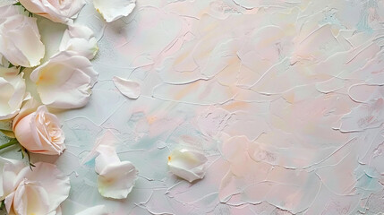 Rose petals scattered on the painted surface. Flatlay. Insertion space.