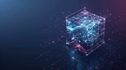 Abstract digital data cube in technology futuristic wireframe style. Isometric polygonal 3D box in light blue and purple on dark background.