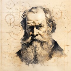 Un portrait réaliste de Galilée, le célèbre astronome et physicien, capturé avec précision au crayon sur un papier jauni. - obrazy, fototapety, plakaty