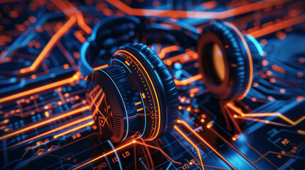 Art, illustration or headphones with sound wave tech on neon circuit board for digital transformation. Future engineering, 3d or headset and connection grid for global, streaming or ai music research