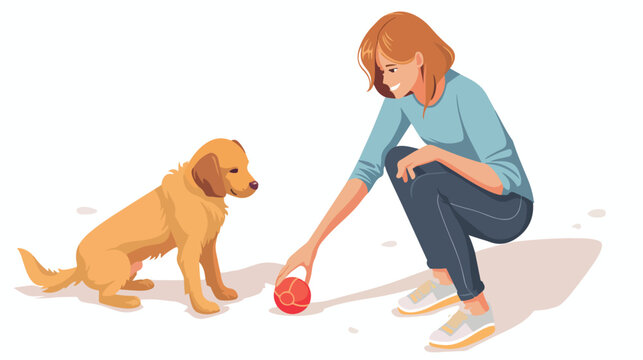 Adorable woman training dog vector isometric illustration