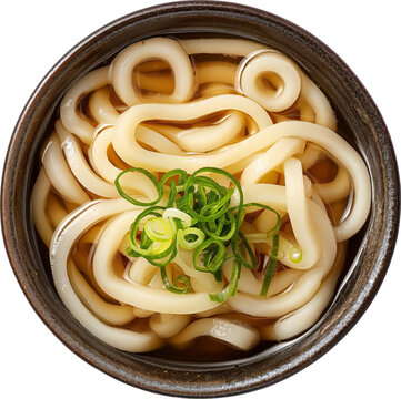 Bowl of Japanese udon noodle isolated. top view.