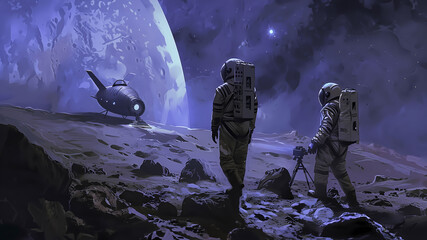 Zwei futuristische Astronauten auf einer Planetenoberfläche, künstlerisch illustriertes Kunstwerk
