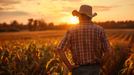 A man in a cowboy hat stands in a field of corn. The sun is setting in the background, casting a warm glow over the scene - obrazy, fototapety, plakaty