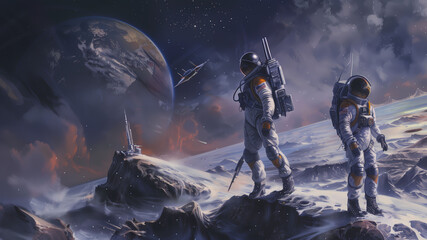 Zwei futuristische Astronauten auf einer Planetenoberfläche, künstlerisch illustriertes Kunstwerk