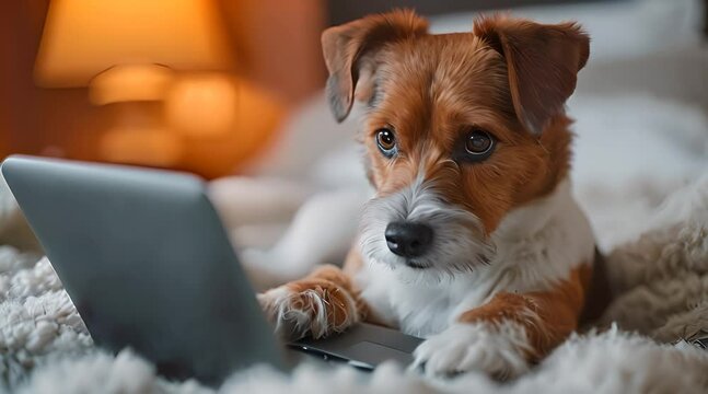 A dog lying on a bed with a laptop at home, illustrating the contemporary setting where pets engage with technology